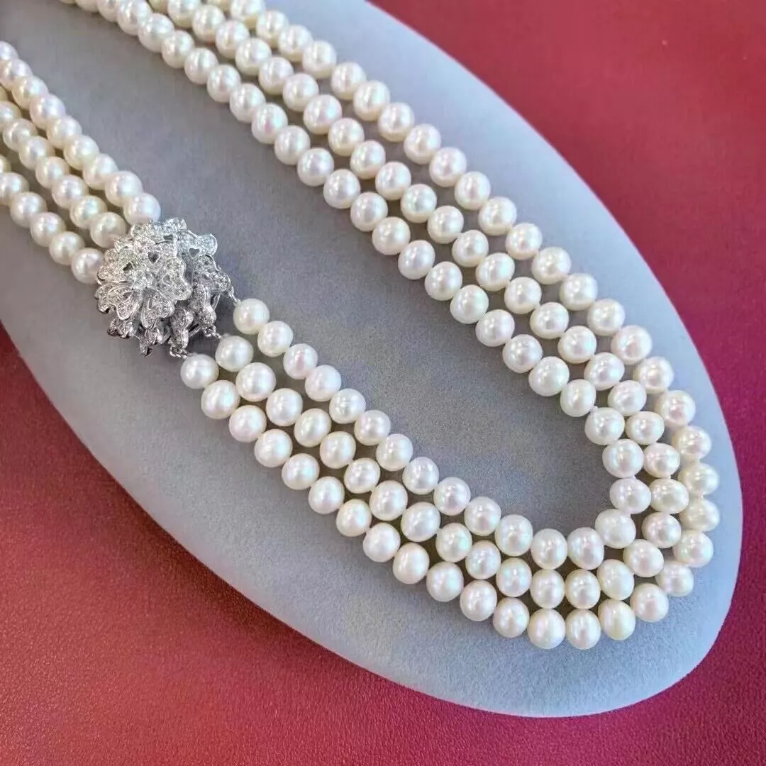 Pearl Trim Chain - 3連パールネックレス AAA 8-9mm 天然南洋ラウンドホワイトパールネックレス 18' 19'
