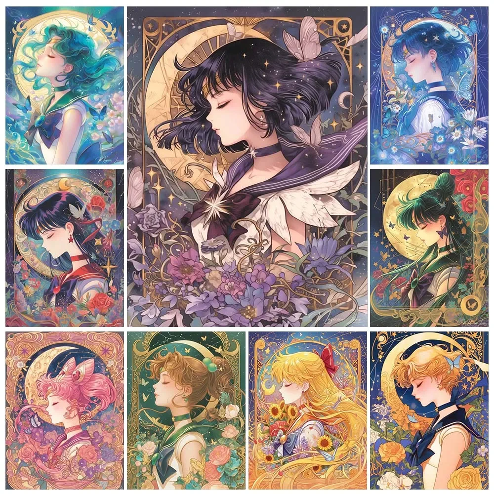 Embroidery Embellishments - 漫画アニメダイヤモンドペインティング美少女月少女戦士貼り付けダイヤモンド刺繍手作りDIYモザイク家の装飾ギフト