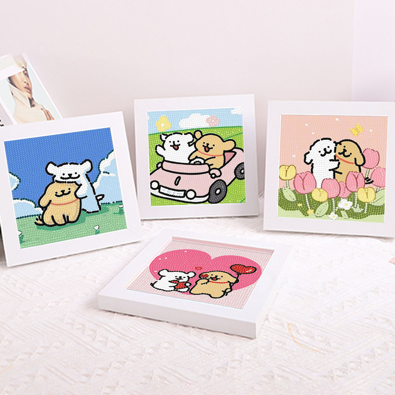 Embroidery Embellishments - 漫画ライン子犬クリスタルダイヤモンドフレーム装飾絵画 5D DIY クロス刺繍キットかわいい子犬の誕生日プレゼント