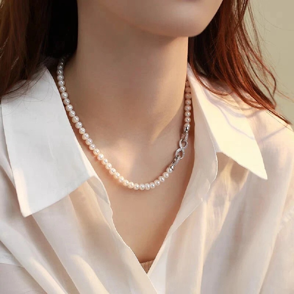 Pearl Trim Chain - 天然真珠ネックレス アコヤ AAA 6-7mm ラウンドパール イヤリング