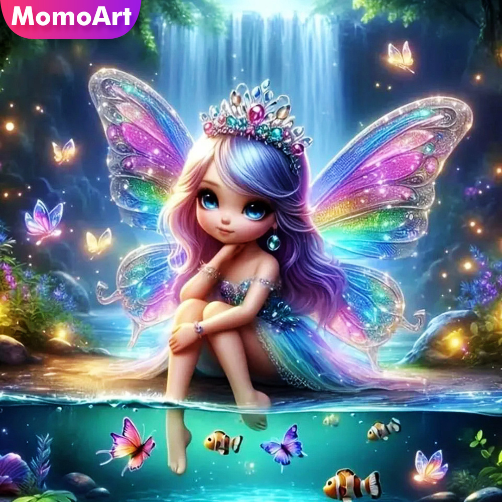 Embroidery Embellishments - Momoart-漫画のモザイクダイヤモンド絵画,女の子の肖像画,精神,正方形または円形,蝶の刺embroidery,壁の装飾,新しい,2024